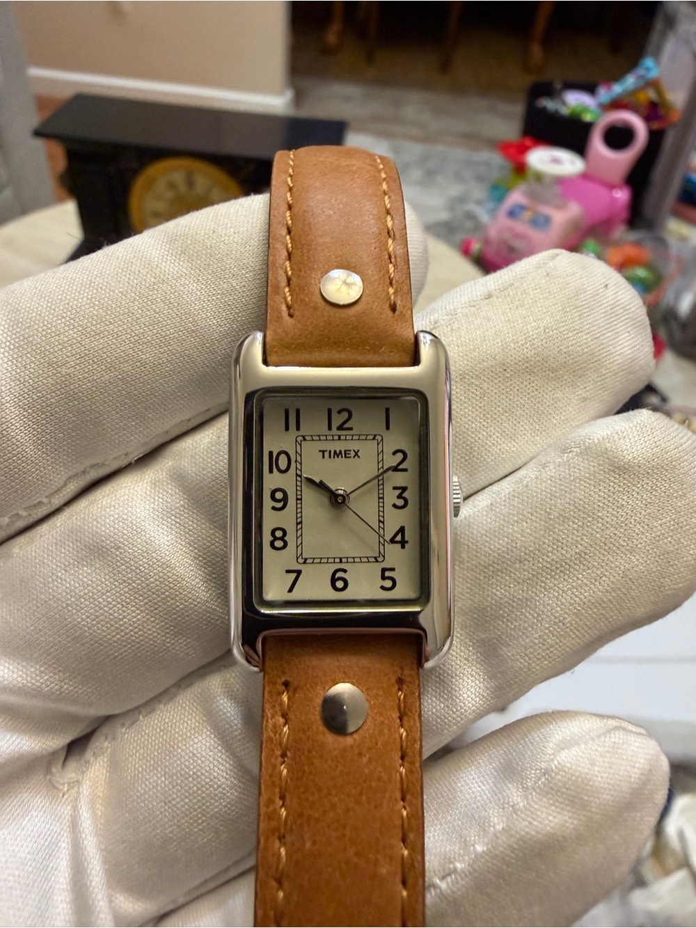 Timex Bristol Park T2N905 Women’s Tank Watch Silver Tone Tan Leather